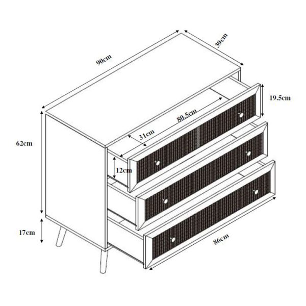 AMMOS Κομοτα 3συρταρια Φυσικο Με RATTAN 90x39xH79cm