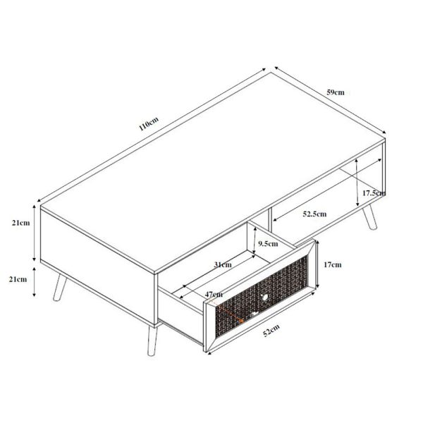 AMMOS COFFEE TABLE 1συρταρι Φυσικο Με RATTAN 110x59xH41,4cm