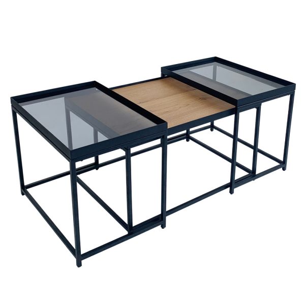 HARMONICA COFFEE TABLE SET 3τεμ Φυσικο Φιμε Μαυρο 75x55xH44cm