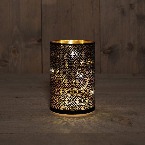 Κηροπηγιο Γυαλι BAROQUE Μαυρο⁄χρυσο 10X15CM ⁄ 8LED Θερμο Λευκο ⁄ Χρυσο Εσωτερ Μαυρη Βαση ⁄ 3XAA BAT