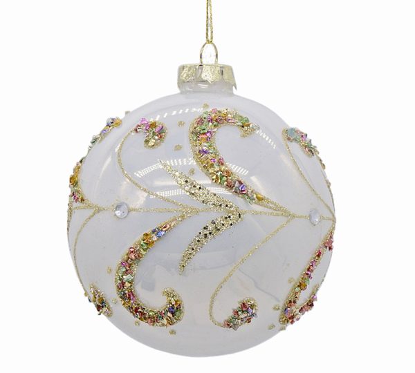 Glass Ball Pearl White W⁄Gold Trim,D.10cm