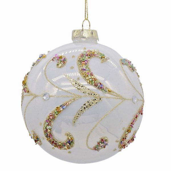 Glass Ball Pearl White W⁄Gold Trim,D.10cm