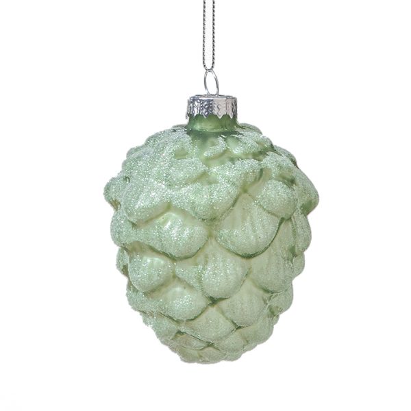 Glass Pinecone Orn Slate Green W⁄Ice Glitter,9X7cm