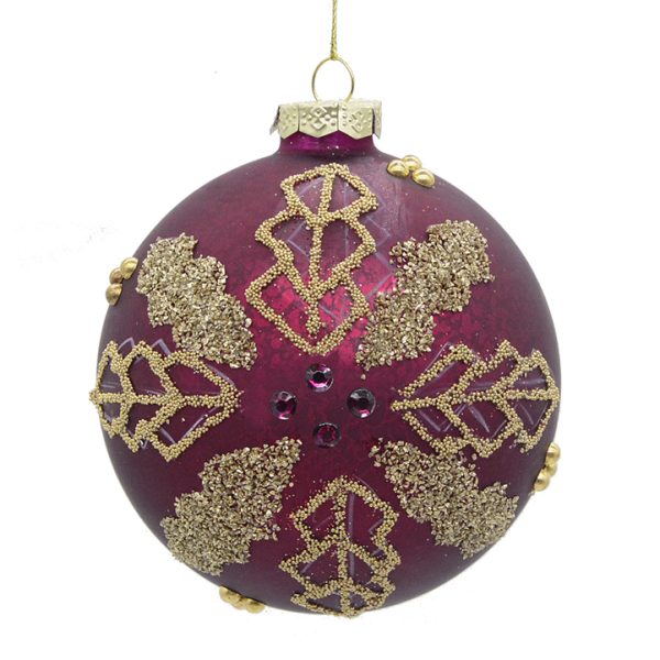 Glass Ball Burgundy & Gold Leafs,D.:10cm