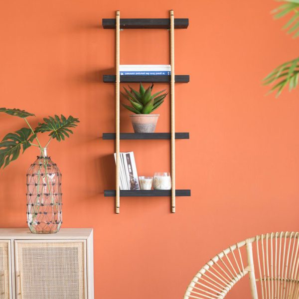 Artekko Shelf Ραφιέρα Επιτοίχια Με 4 Ράφια Μέταλλο Ξύλο Ρατάν Μαύρο (46x25x112)cm