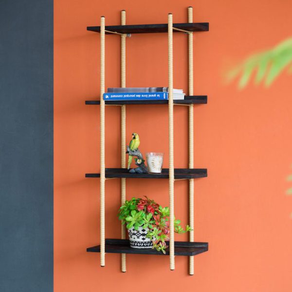 Artekko Shelf Ραφιέρα Επιτοίχια Με 4 Ράφια Μέταλλο Ξύλο Ρατάν Μαύρο (46x25x112)cm