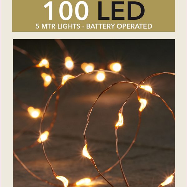 Φωτακια 100 LED INDOOR, 5M Χαλκινο Συρμα Σε PVC Κουτακι Με 3 Μπαταριες