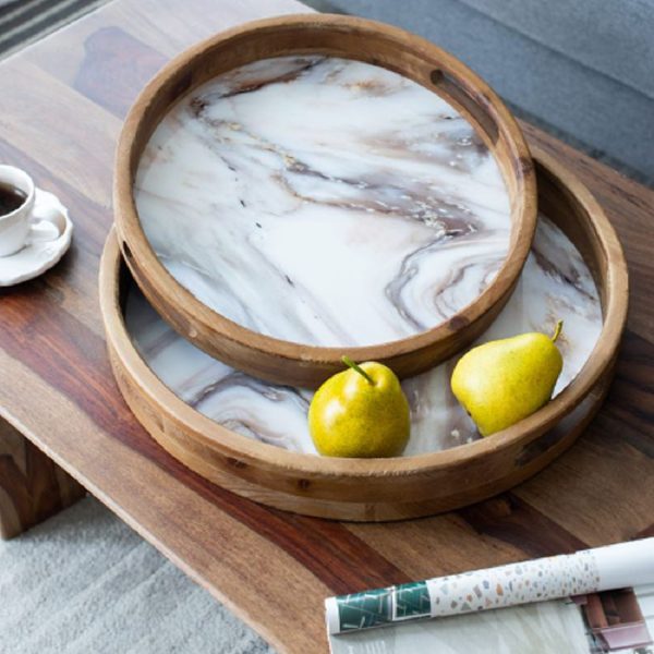 Artekko Trays Διακοσμητικός Δίσκος Ξύλινος Με Εφέ Μαρμάρου Λευκό Καφέ (52x11x51)cm Σετ⁄2