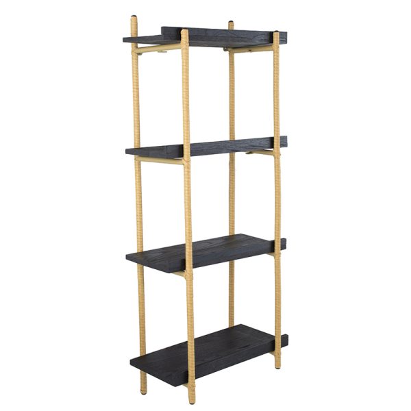 Artekko Shelf Ραφιέρα Επιτοίχια Με 4 Ράφια Μέταλλο Ξύλο Ρατάν Μαύρο (46x25x112)cm