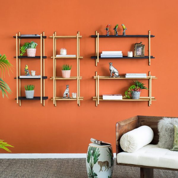 Artekko Shelf Ραφιέρα Επιτοίχια Με 4 Ράφια Μέταλλο Ξύλο Ρατάν Μαύρο (46x25x112)cm